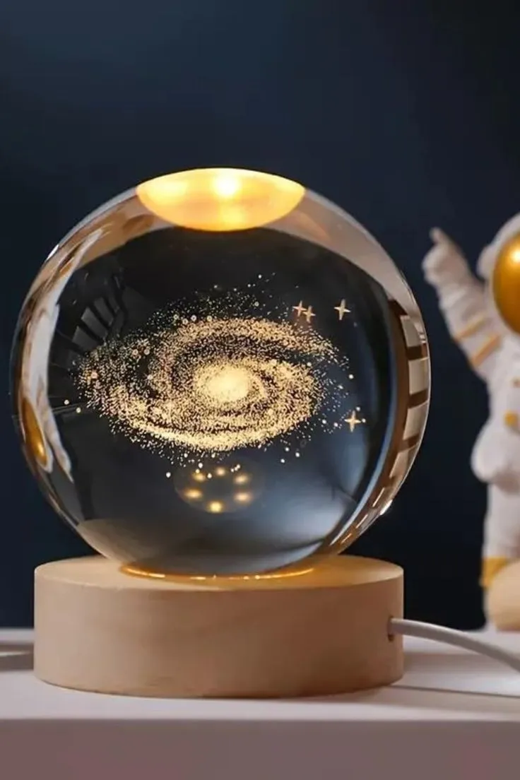3D Galaxy Crystal Ball LED Night Lamp with Wooden Base