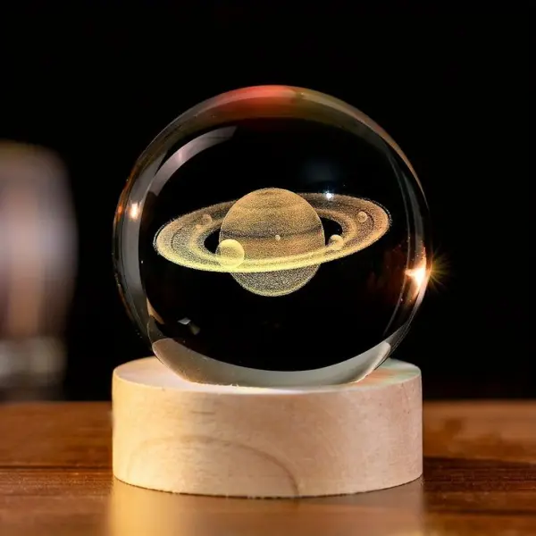 3D Saturn Planet Crystal Ball LED Night Lamp with Wooden Base